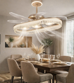 Modern ceiling fan with light fixture in a dining room setting