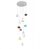 Multicolored pendant light fixture on a white background
