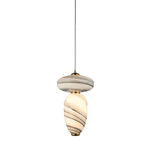 CLOSE UP OF Modern marble-effect glass pendant light with sculptural double-form design, brushed brass accents, and warm ambient illumination.