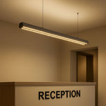 Reception area with a modern light fixture on the ceiling.