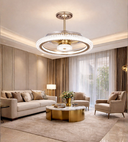 Luxury double ring crystal fandelier with metallic finish installed in an elegant living room