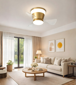 Modern ceiling light fan with integrated LED installed in a contemporary living room interior 