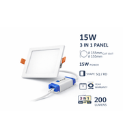 Round and square 3-in-1 LED recessed panel lights in 8W and 15W, featuring sleek modern design for home or office lighting.