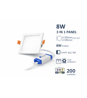 Round and square 3-in-1 LED recessed panel lights by Daya Worldwide in 8W and 15W, showcasing modern lighting designs.