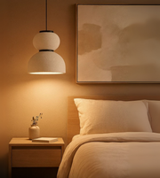 Dual Aura pendant light in white and grey finishes with double-dome design, modern sculptural lighting for bedrooms, dining rooms, and cafes.