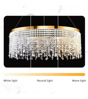 Modern crystal chandelier with gold frame, shown in white, neutral, and warm lighting options.