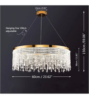 Modern crystal chandelier with gold frame, hanging adjustable 150cm, 60cm diameter, 30cm height.