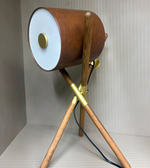 modern tripod spotlight table lamp with black cylindrical shade and wooden crossed legs, decorative bedside lighting