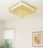 Crystal Frame square chandelier with gold detailing and crystal layers.