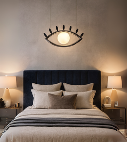 Visionary designer pendant in eye shape with glowing orb diffuser above a bed in a luxury bedroom.