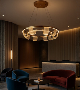 Round LUSTRO FLOW chandelier by Daya Worldwide featuring elegant design with multiple light fixtures and modern decor style.
