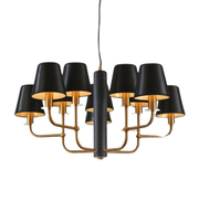 Modern chandelier with black lampshades and gold accents