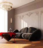 Modern Pebble Curve Sofa in soft gray fabric with plush cushions and sleek curved design, perfect for contemporary living rooms.
