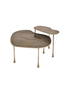 Set of two Daya Worldwide Aurelia handcrafted bronze side tables with sleek round tops and tapered legs.