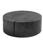 Round log coffee table with natural wood finish, featuring a smooth circular surface and sturdy base, perfect for living room decor.