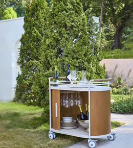 Outdoor Daya Worldwide Oliver Bar Cart from the premium outdoor furniture set, featuring a sleek metal frame and spacious shelves.