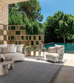 Outdoor lounge collection by Daya Worldwide featuring stylish outdoor furniture set with cushions and modern design.