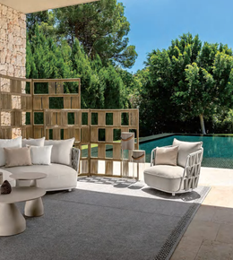 Outdoor lounge collection by Daya Worldwide featuring stylish outdoor furniture set with cushions and modern design.
