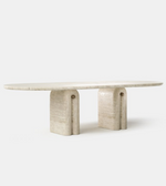 Pearl travertine dining table by Daya Worldwide, showing a sleek, elegant surface with natural stone pattern and sturdy wooden legs.