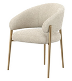 Curved boucle dining chair with wooden legs, featuring plush upholstery and modern design, by Daya Worldwide.