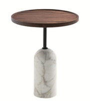 Wood marble side table with a sleek round top and wooden legs, perfect for living room decor by Daya Worldwide.