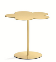 Set of flower-shaped metal side tables by Daya Worldwide, featuring intricate floral design and sleek metallic finish.