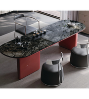 Marble top dining table with sleek wooden legs, modern design, perfect for contemporary dining rooms.