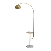 Gold arc floor lamp with dome shade on white background