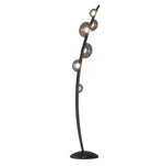Black metal curved floor lamp with multiple glass globe bulbs on white background