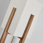Close-up of textured fabric lampshade with wooden frame details