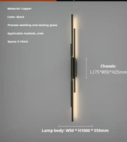 Linear wall lamp showing dimensions and specifications
