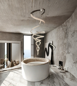 Modern bathroom interior with a spiral chandelier and a bathtub.