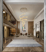 Modern interior design of a living room with a spiral chandelier.