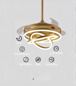 Gold ceiling fan with control icons on a light gray background