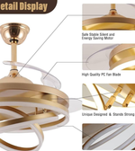 Gold and white ceiling fan with features highlighted on a white background