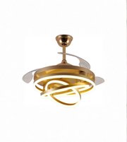 Gold ceiling fan with light on a white background