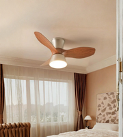 Ceiling fan in a bedroom with large windows and a bed.