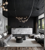 Modern living room with black ceiling, marble kitchen island, and gray sofa.