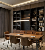 Modern dining room with wooden table and chairs, large bookshelf, and decorative elements.