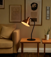 Living room with a lamp on a wooden table, sofa, and wall art.