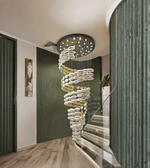 Spiral staircase with modern chandelier in a stylish interior setting