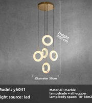 Chandelier with circular design on a gray background, showing dimensions and product details.