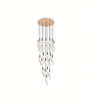 Decorative wind chime with white shell-like pendants and a wooden base on a white background
