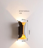 Wall-mounted light fixture with dimensions and wattage information on a gray background