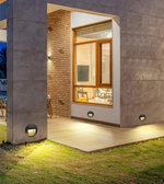 Modern outdoor setting with concrete wall, grass, and a building interior.