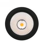 Round LED light bulb with black rim on a white background