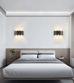 Modern bedroom with a bed, nightstands, and wall lights.