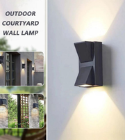 Outdoor courtyard wall lamp on a white wall with additional images of the lamp in use.