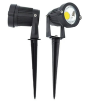 Two black outdoor garden lights with spikes on a white background