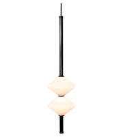 Modern pendant light with two round glass shades on a white background